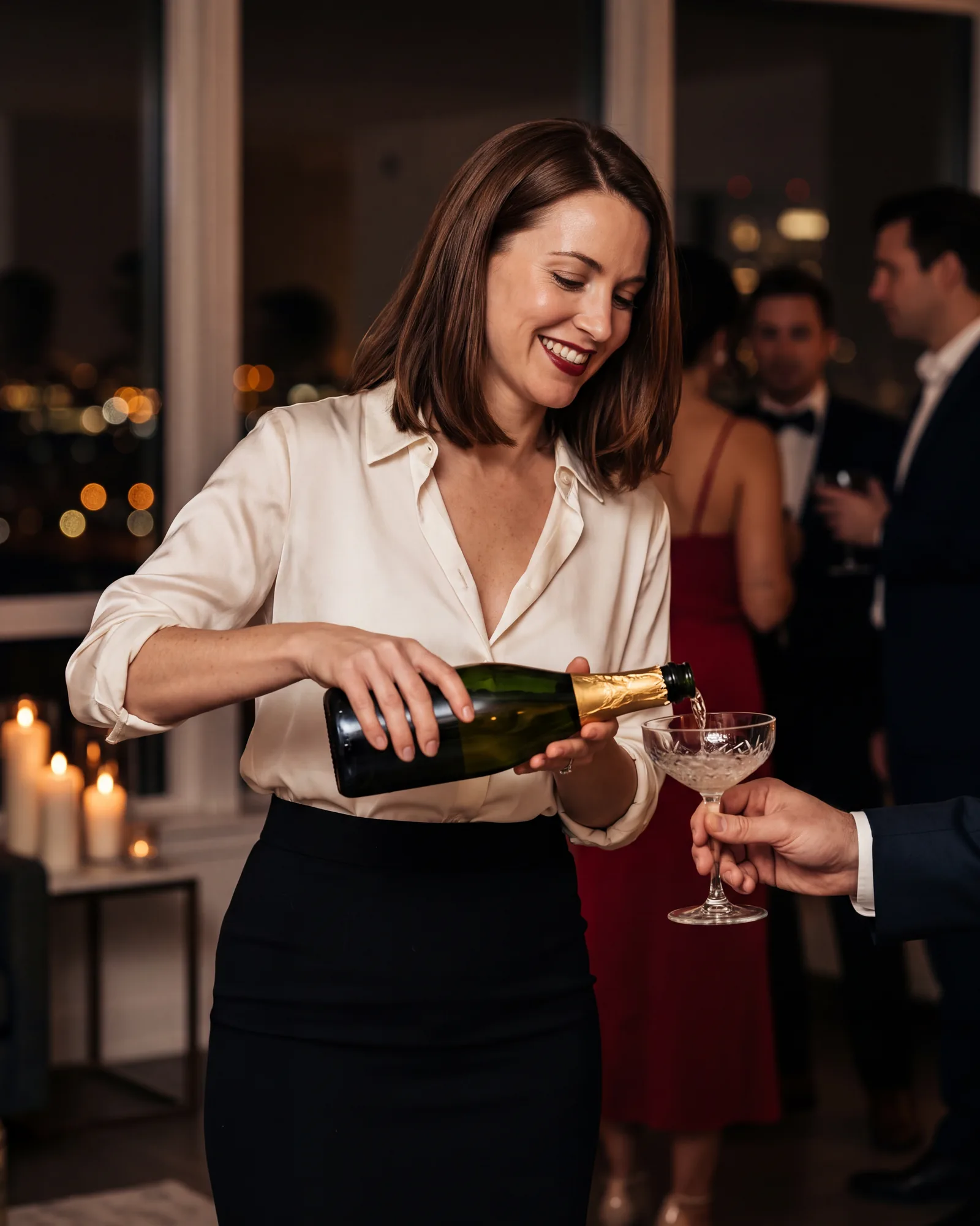 A hostess in a silk blouse and pencil skirt pouring champagne for a guest at a penthouse party